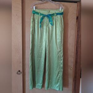 Shein Green Wide-Leg Pants with Vintage Teal Scarf Belt